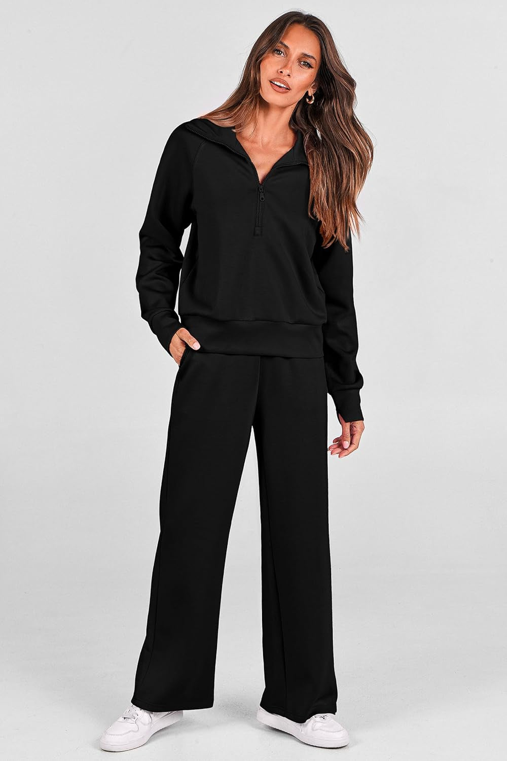 Women'S 2 Piece Outfits Casual Lapel Half Zip Sweatshirts and Wide Leg Pants Tracksuit Sets