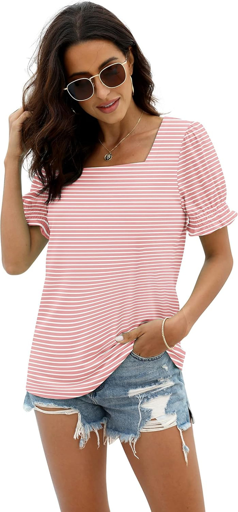 Tops for Women Summer Casual Ruffle Trim Sleeve Square Neck T Shirts