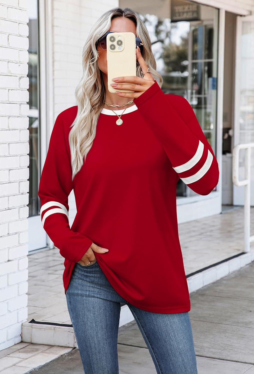 Long Sleeve Shirts for Women Color Block Casual Tops Fall Outfits 2025 Basic Tees Trendy Clothes