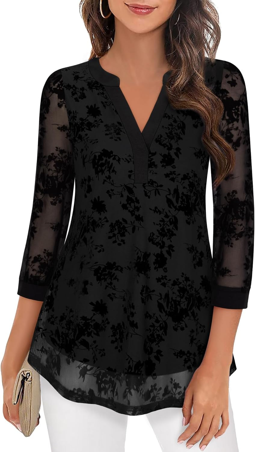 Women'S 3/4 Sleeve Blouses Casual V Neck Dress Shirts Double Layers Mesh Tunics Tops