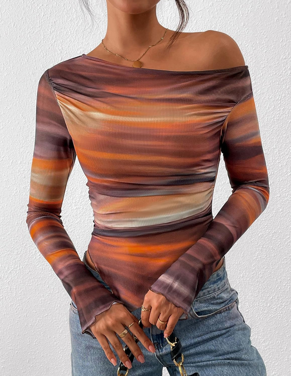 Womens Fall Trendy off Shoulder Y2K Tops 2026 Tie Dye Mesh Long Sleeve Shirts Asymmetrical Ruched Floral Blouse