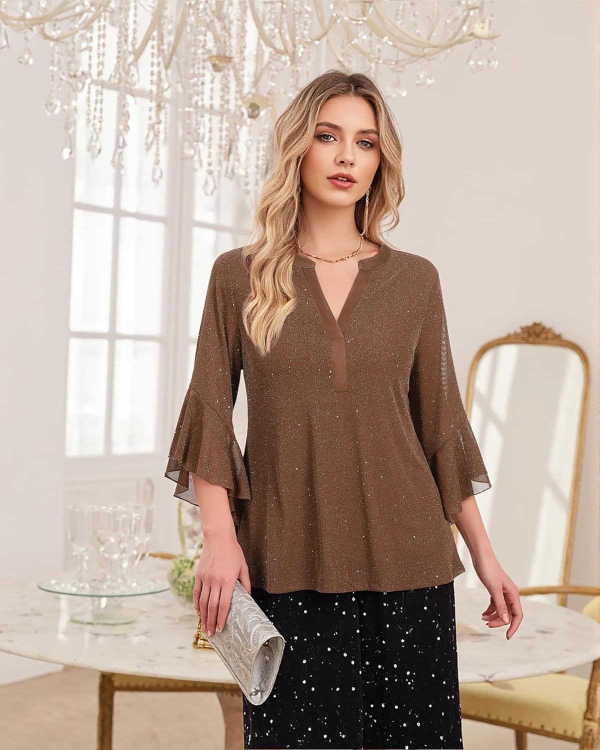 Women'S 3/4 Sleeve Dressy Tops Elegant V Neck Blouse for Women Casual Work Evening Party