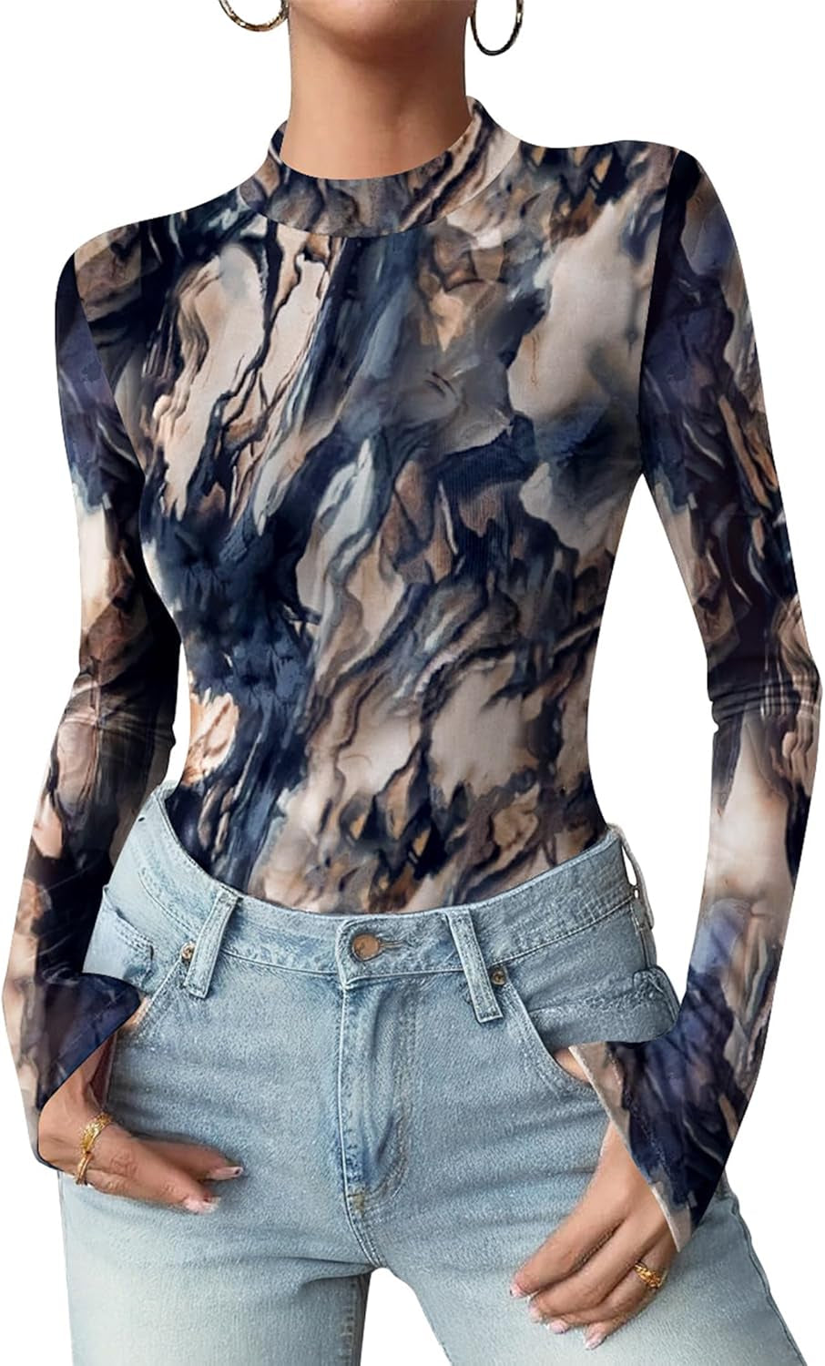 Womens Floral Mesh Long Sleeve Tops See through Going Out Blouses Mock Neck Sheer Party Outfits Shirts S-XXL