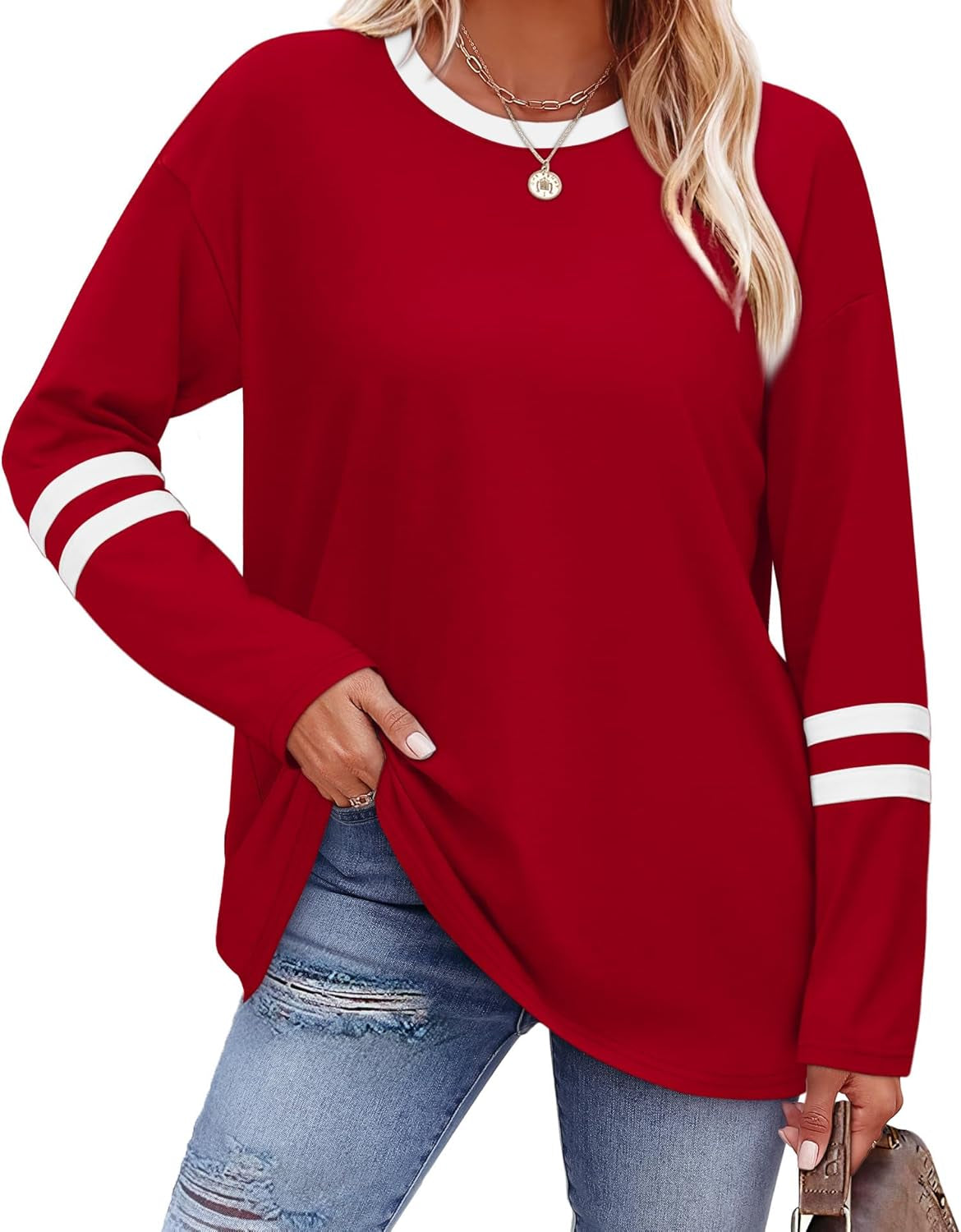 Long Sleeve Shirts for Women Color Block Casual Tops Fall Outfits 2025 Basic Tees Trendy Clothes