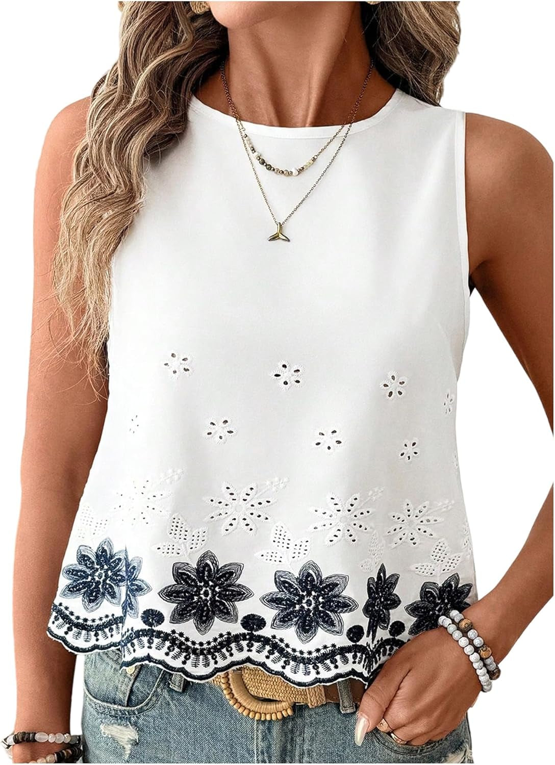 Women'S Sleeveless Boho Eyelet Tank Top Crew Neck Floral Embroidery Casual Summer Tops
