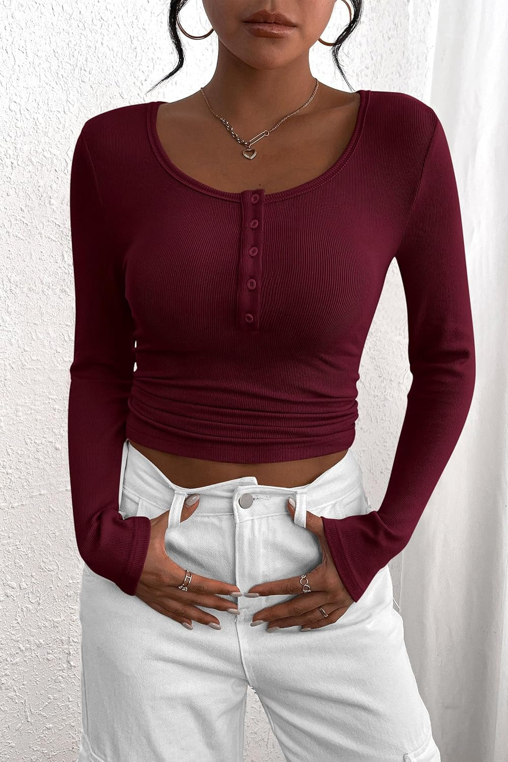 Women'S 2026 Fall Long Sleeve Henley T Shirts Button Ribbed Knit Slim Fit Basic Tops Blouse Casual Outfits