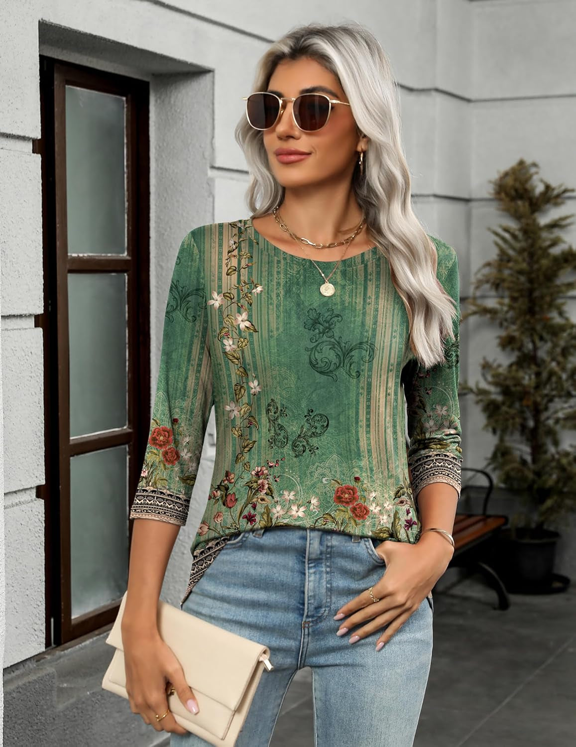Women'S Casual 3/4 Sleeve T-Shirts round Neck Cute Tunic Tops Basic Tees Blouses Business Work Tee Top