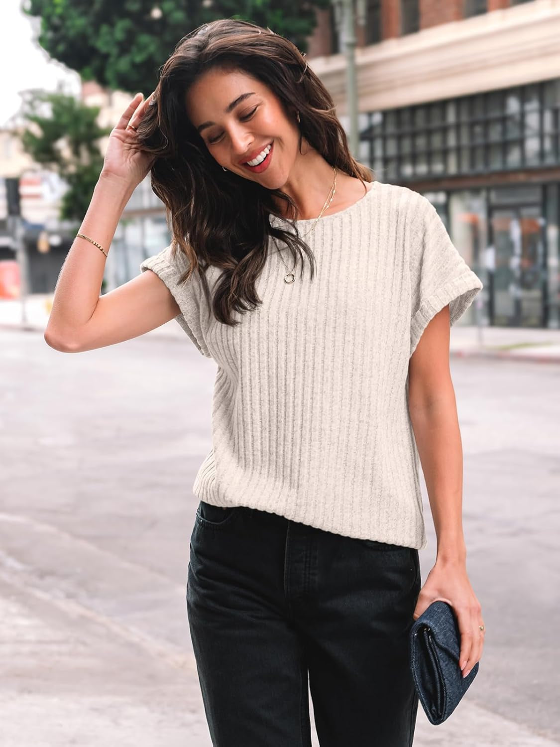 Women Textured Shirts Fall Sweaters Loose Fit Short Sleeve Tunic Tops 2025 Dressy Casual Business Blouses