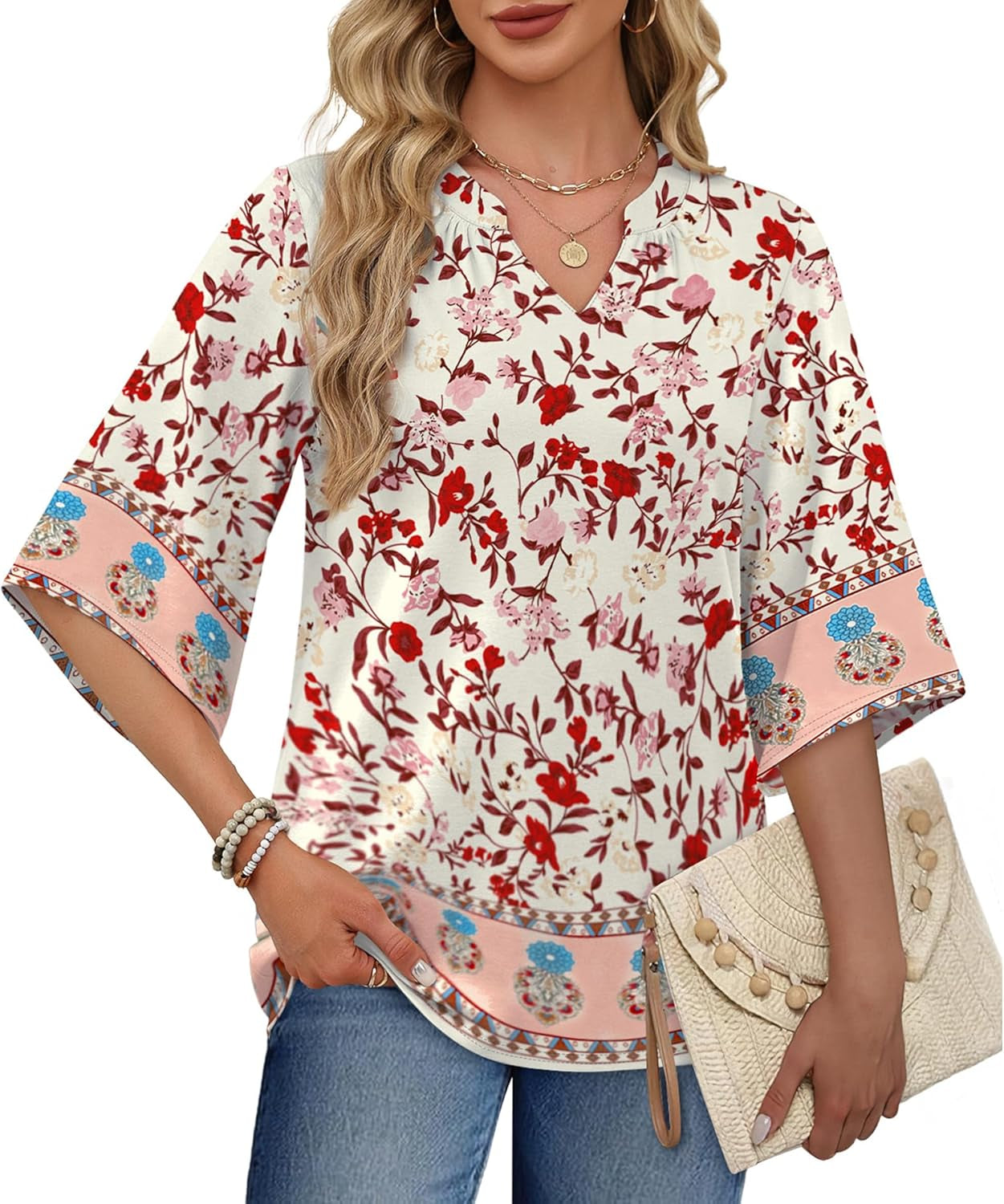 Boho Cute Summer Tops for Women 3/4 Sleeve Dressy Fashion V Neck Casual 2026 Business Beach plus Size Holiday Blouses